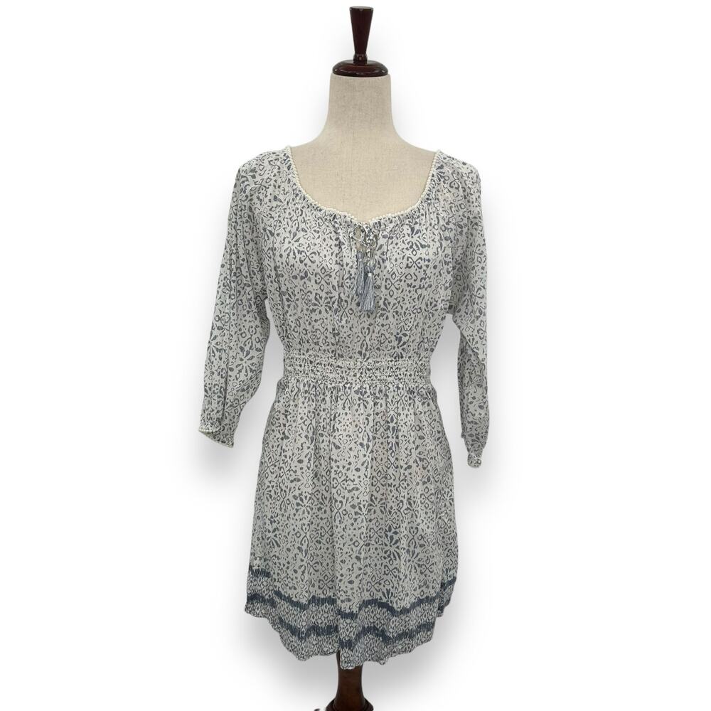 Athleta Honey Dress Size Medium White Blue Spotted Print Fit & Flare Smocked EUC - Picture 3 of 10